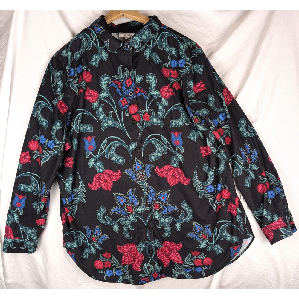 Chicos Floral Damask Button Up Shirt Black Red Blue Cotton Stretch Size 2.5 L